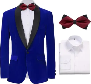 Slim Fit Suit Jacket for Men Tuxedo Blazer Velvet Shawl Lapel Solid White Shirt Bow Tie Prom Wedding Dinner Party