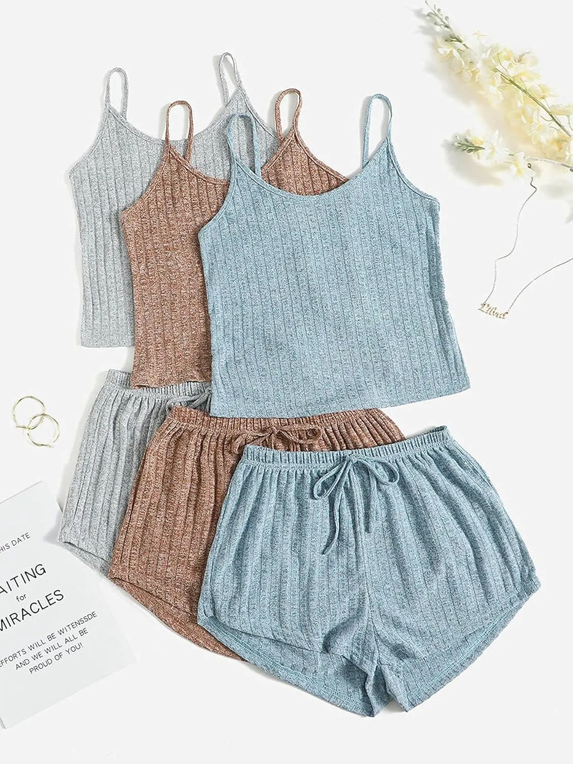 SOLY HUX Womens Pajama Sets Lounge Sets Ribbed Knit Cami Crop Top and Shorts Sleepwear PJ 3 Sets