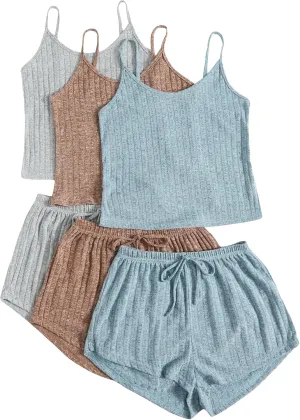 SOLY HUX Womens Pajama Sets Lounge Sets Ribbed Knit Cami Crop Top and Shorts Sleepwear PJ 3 Sets