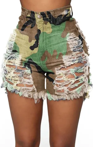 SOMTHRON Women's Sexy Tie Dye High Waisted Jean Shorts Ripped Destroyed Frayed Raw Rainbow Camo Skinny Denim Shorts