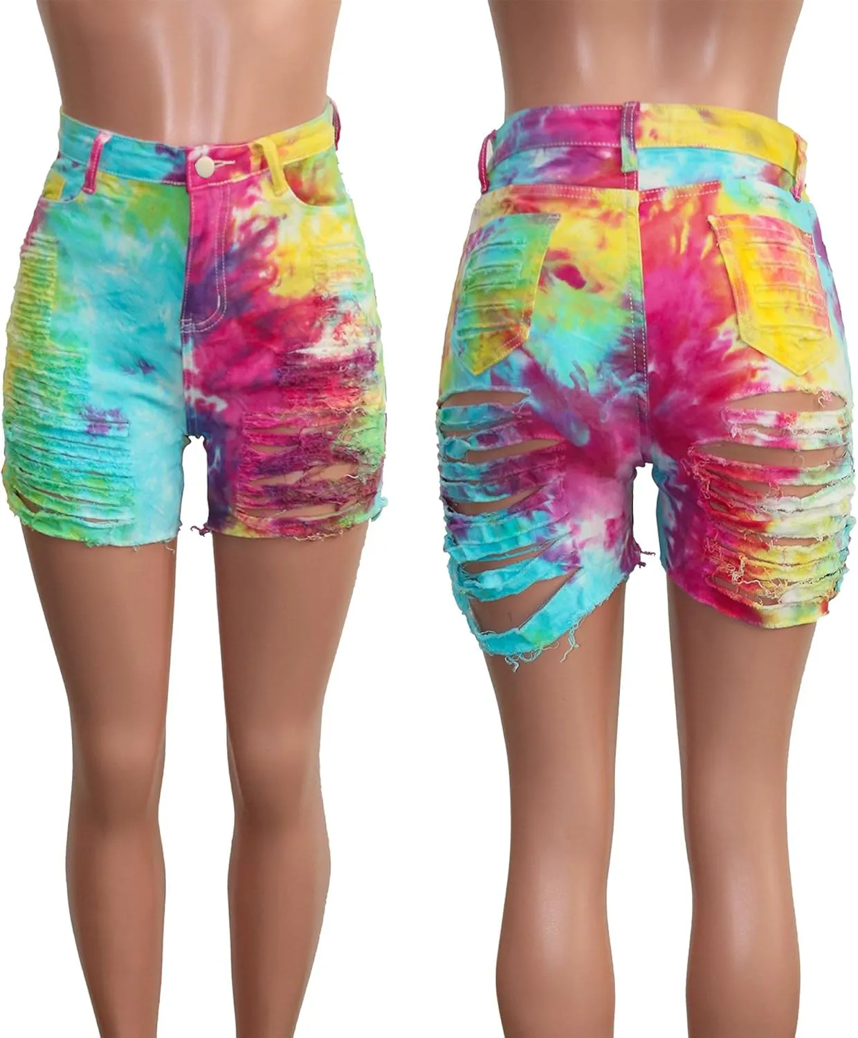 SOMTHRON Women's Sexy Tie Dye High Waisted Jean Shorts Ripped Destroyed Frayed Raw Rainbow Camo Skinny Denim Shorts