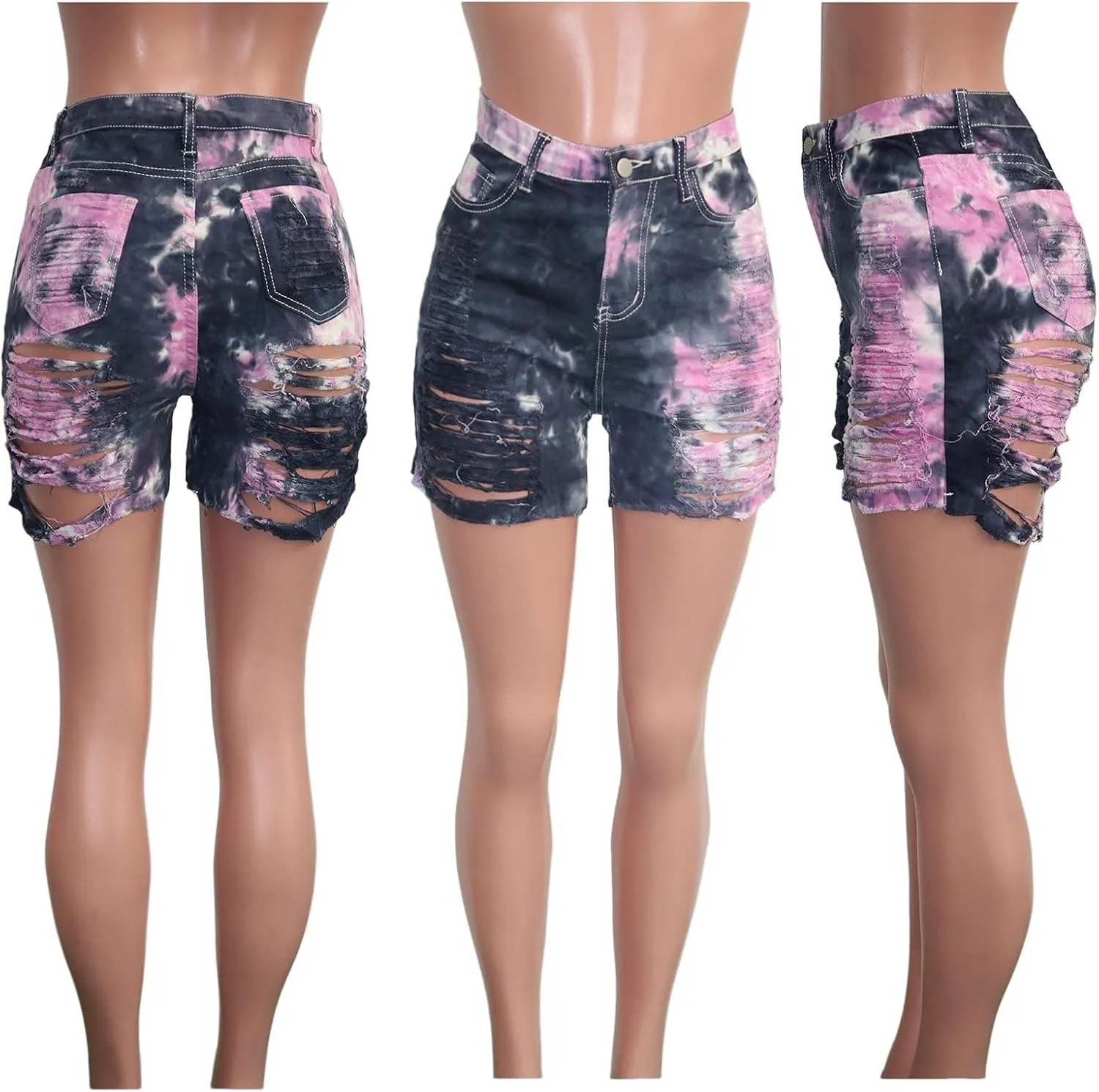SOMTHRON Women's Sexy Tie Dye High Waisted Jean Shorts Ripped Destroyed Frayed Raw Rainbow Camo Skinny Denim Shorts