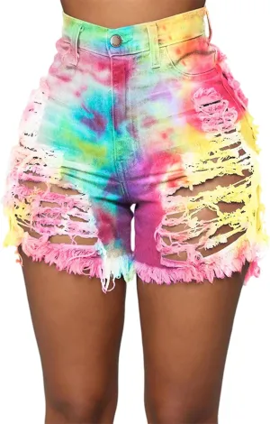 SOMTHRON Women's Sexy Tie Dye High Waisted Jean Shorts Ripped Destroyed Frayed Raw Rainbow Camo Skinny Denim Shorts