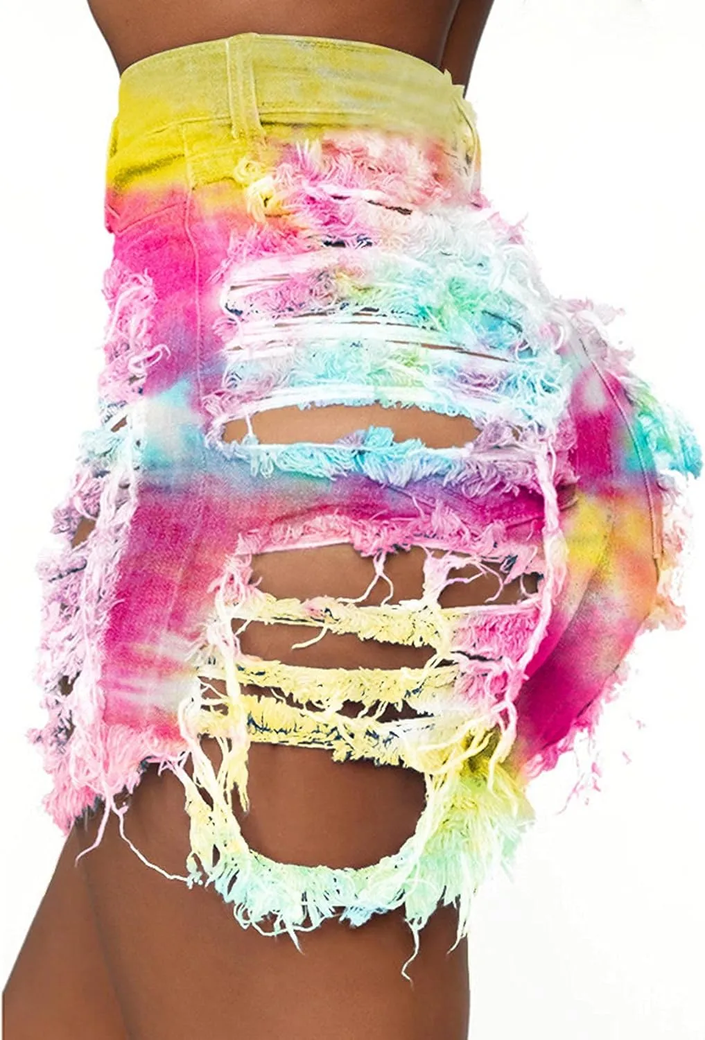 SOMTHRON Women's Sexy Tie Dye High Waisted Jean Shorts Ripped Destroyed Frayed Raw Rainbow Camo Skinny Denim Shorts
