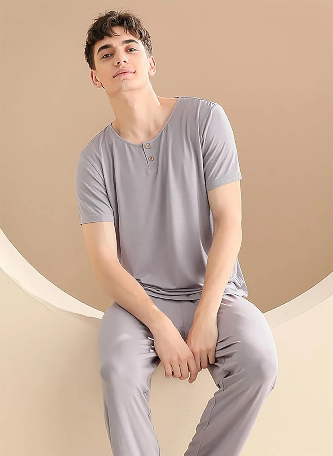 SoptoToxodo Mens Modal Pajama Sets Short Sleeve Crewneck Pajama Lounge Wear Set With Long Pants Raglan Sleepwear