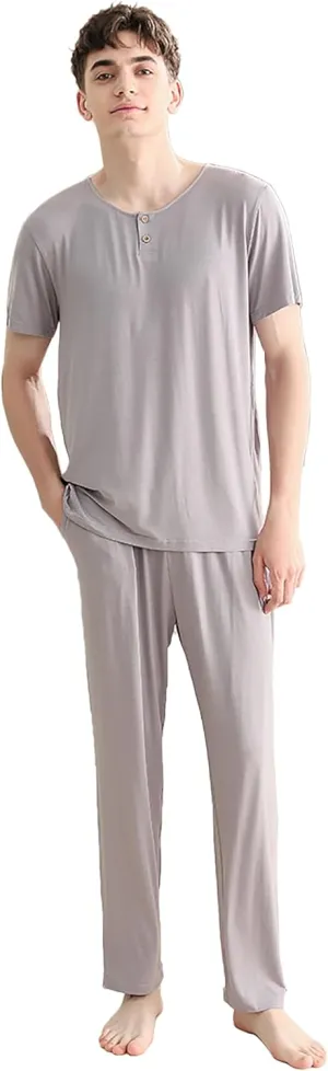 SoptoToxodo Mens Modal Pajama Sets Short Sleeve Crewneck Pajama Lounge Wear Set With Long Pants Raglan Sleepwear