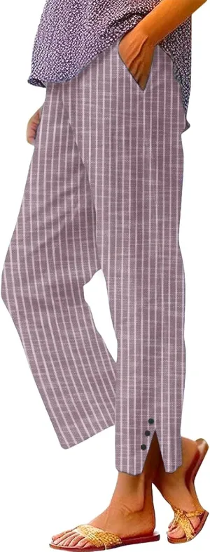 Striped Linen Pants for Women Summer Casual Beach Capris High Waisted Light Weight Gauze Vacation Pinstripe Trousers