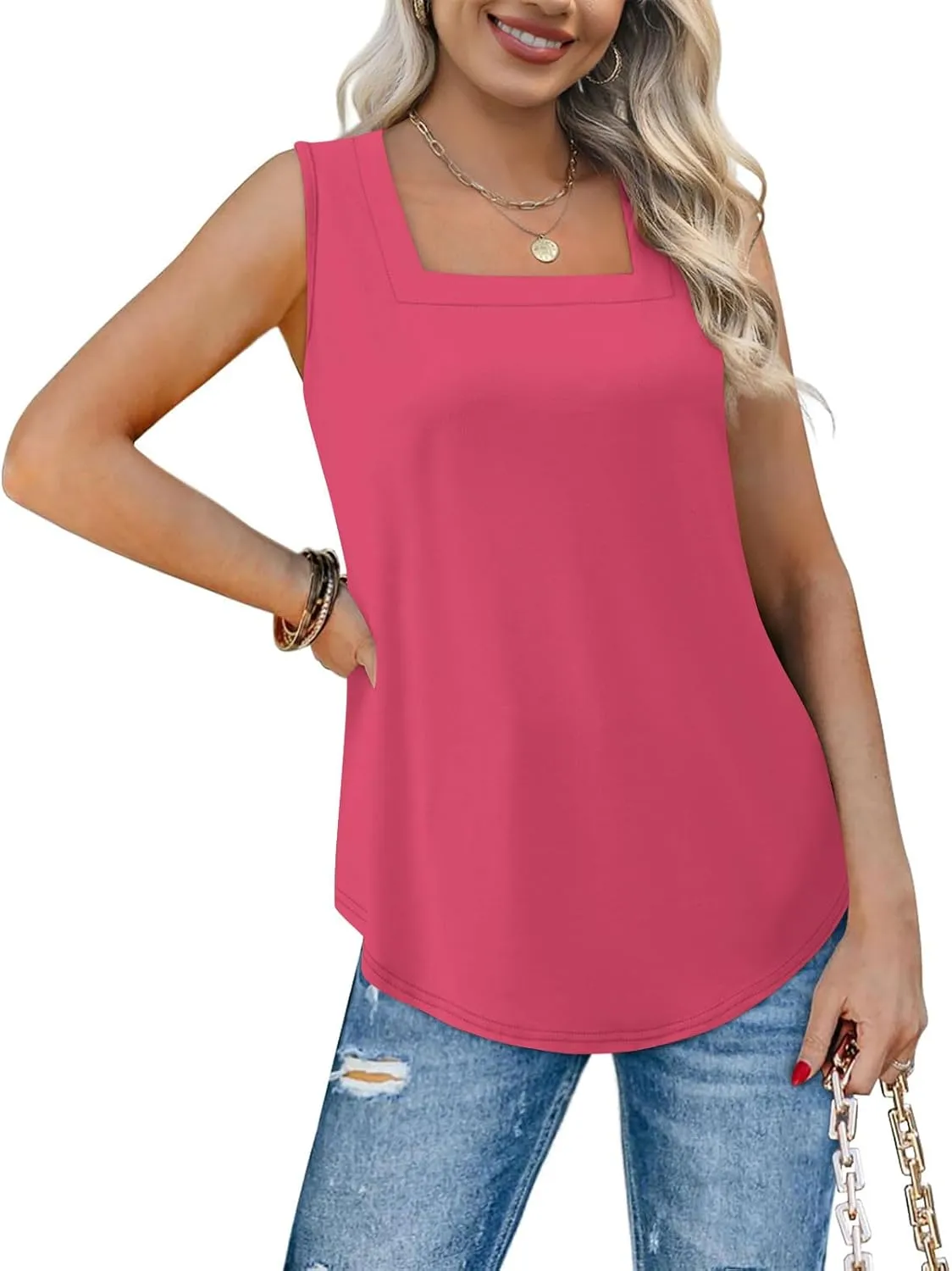 Summer Tank Tops for Women Square Neck Solid Color Sleeveless Tunics Summer Flowy Vacation Casual Shirts Top 2025