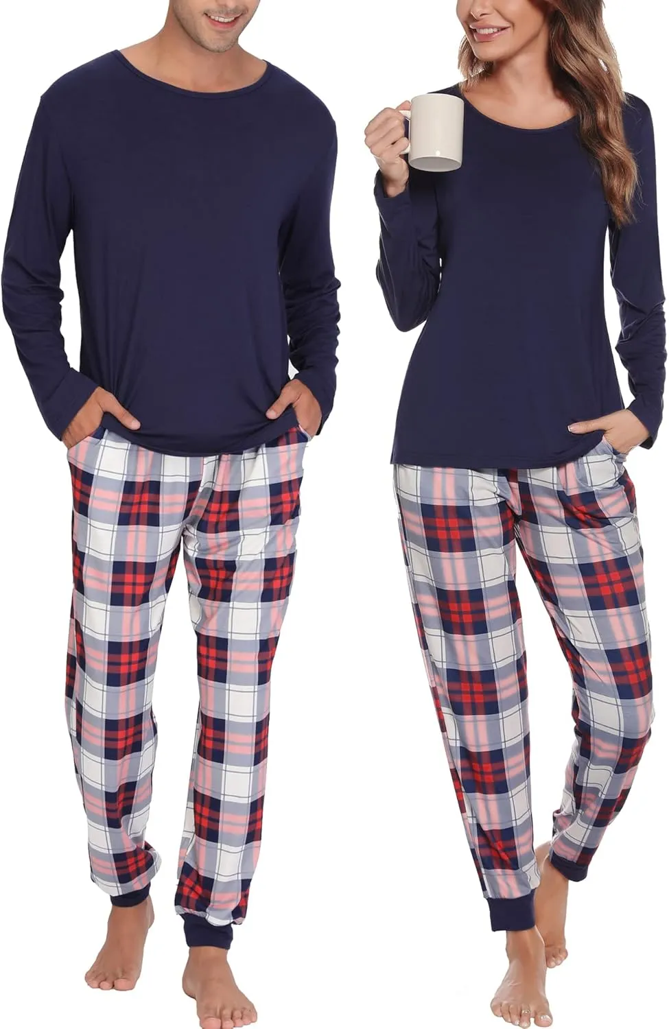 SWOMOG Men & Women Pajama Sets for Couples Long Sleeve Sleepwear Plaid Pants Loungewear Set with Pockets
