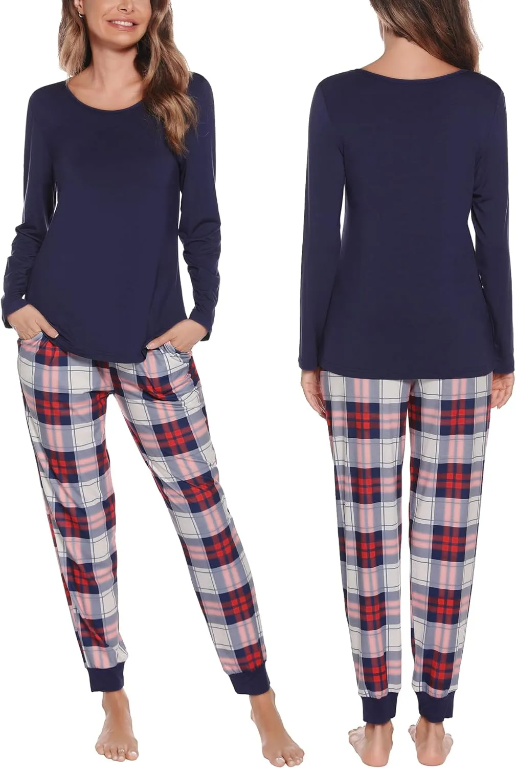 SWOMOG Men & Women Pajama Sets for Couples Long Sleeve Sleepwear Plaid Pants Loungewear Set with Pockets