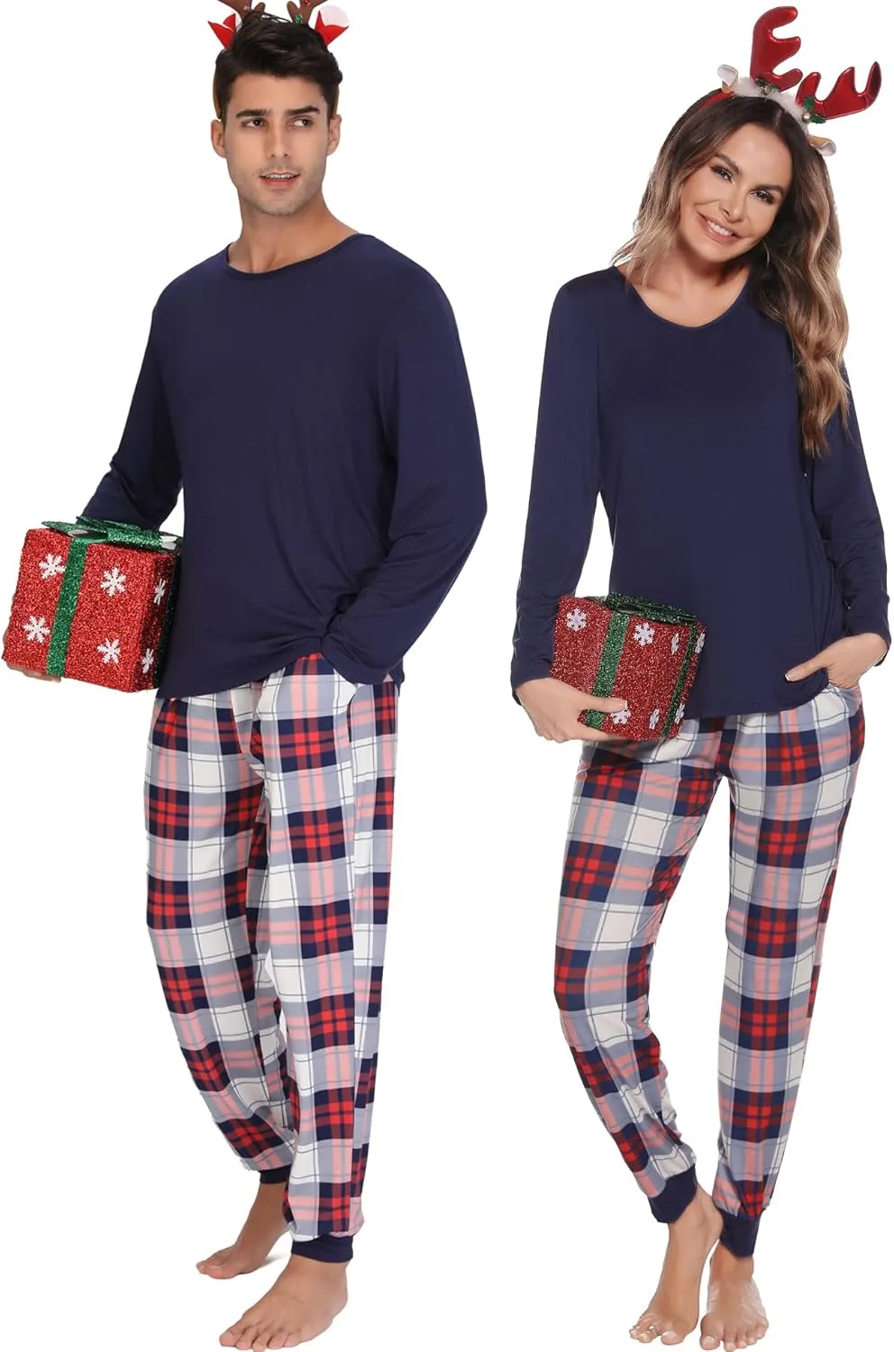 SWOMOG Men & Women Pajama Sets for Couples Long Sleeve Sleepwear Plaid Pants Loungewear Set with Pockets
