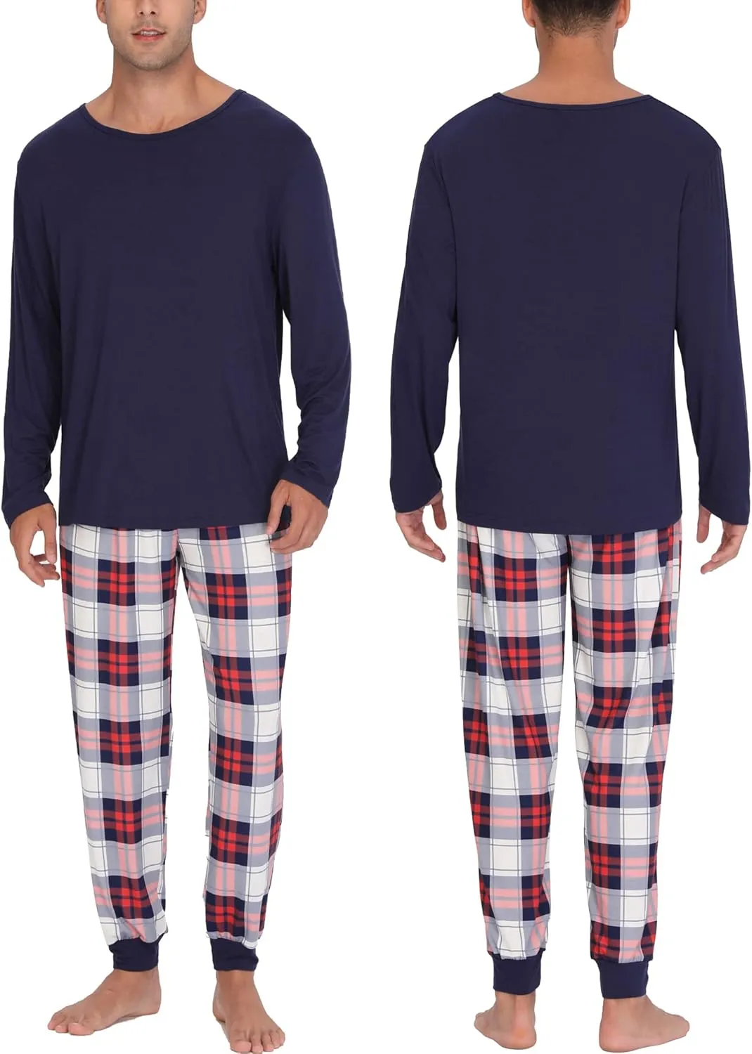 SWOMOG Men & Women Pajama Sets for Couples Long Sleeve Sleepwear Plaid Pants Loungewear Set with Pockets