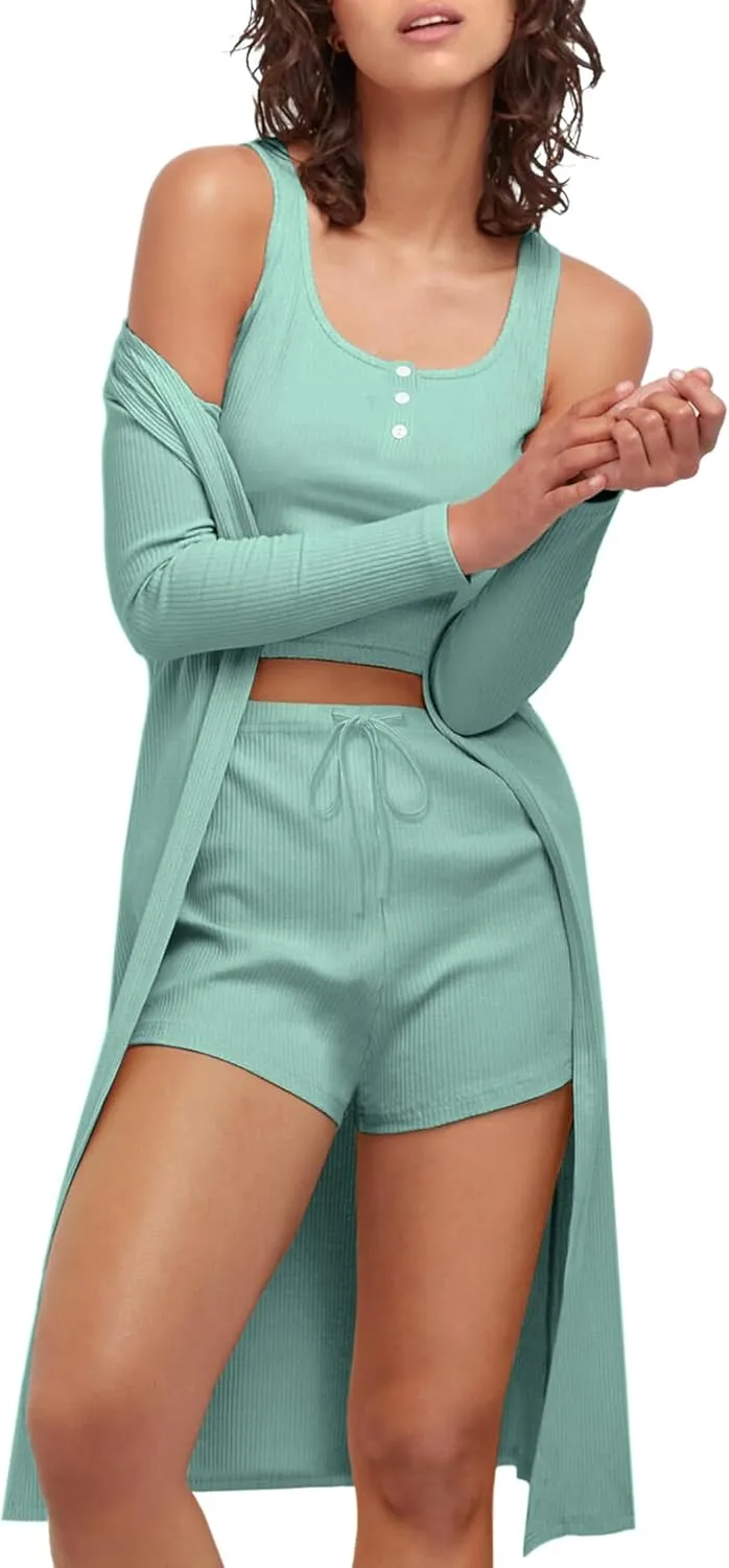 SWOMOG Women's 3 Piece Ribbed Knit Lounge Sets Pajama Sets Cardigan Loungewear Robe Tank Top and Shorts with Pockets