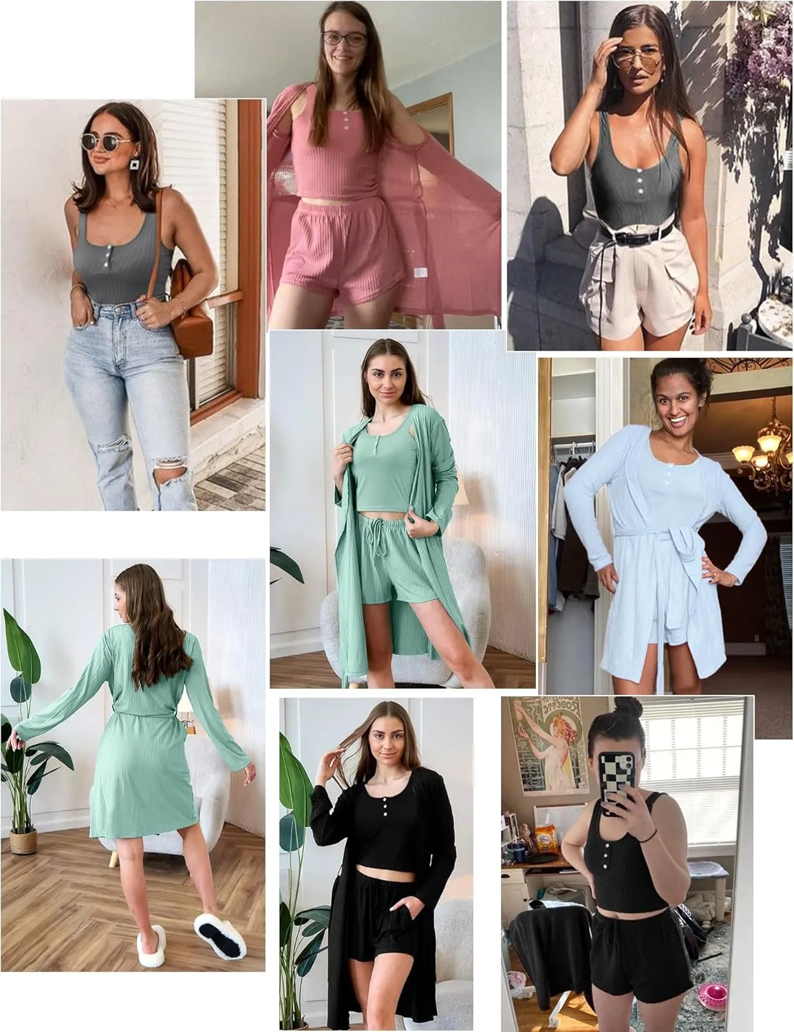 SWOMOG Women's 3 Piece Ribbed Knit Lounge Sets Pajama Sets Cardigan Loungewear Robe Tank Top and Shorts with Pockets