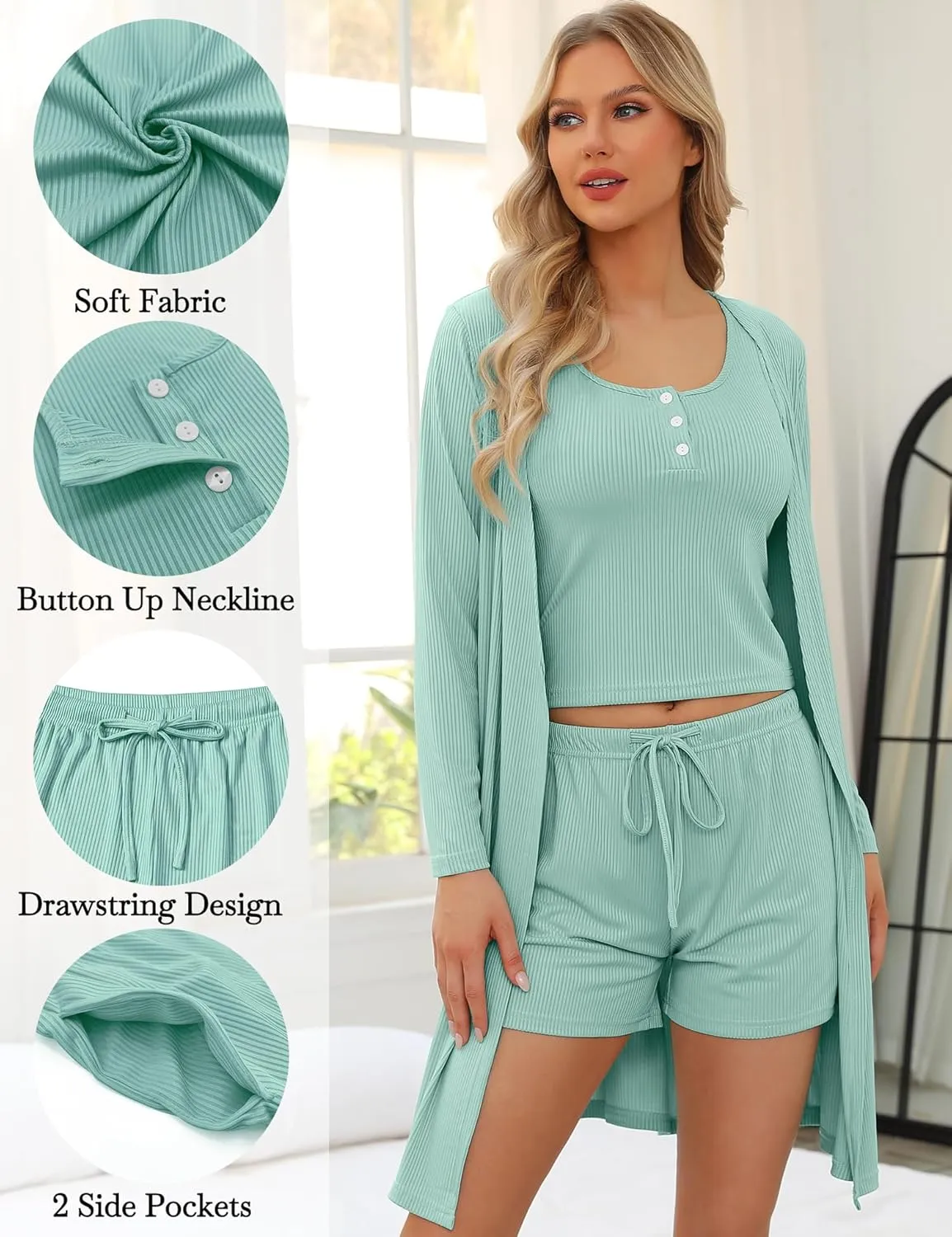 SWOMOG Women's 3 Piece Ribbed Knit Lounge Sets Pajama Sets Cardigan Loungewear Robe Tank Top and Shorts with Pockets
