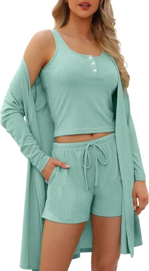 SWOMOG Women's 3 Piece Ribbed Knit Lounge Sets Pajama Sets Cardigan Loungewear Robe Tank Top and Shorts with Pockets