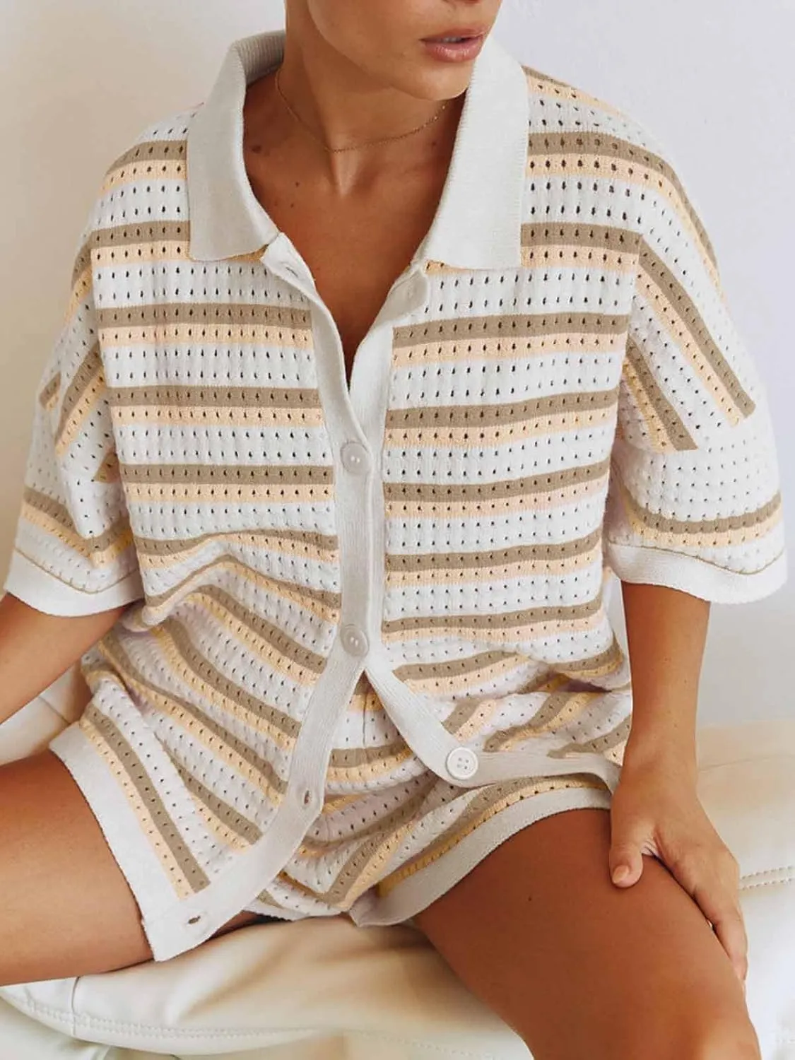 Tankaneo Womens Short Sleeve Striped Pajama Sets Color Block Crochet Knit Button Top and Shorts 2 Piece Lounge Sets