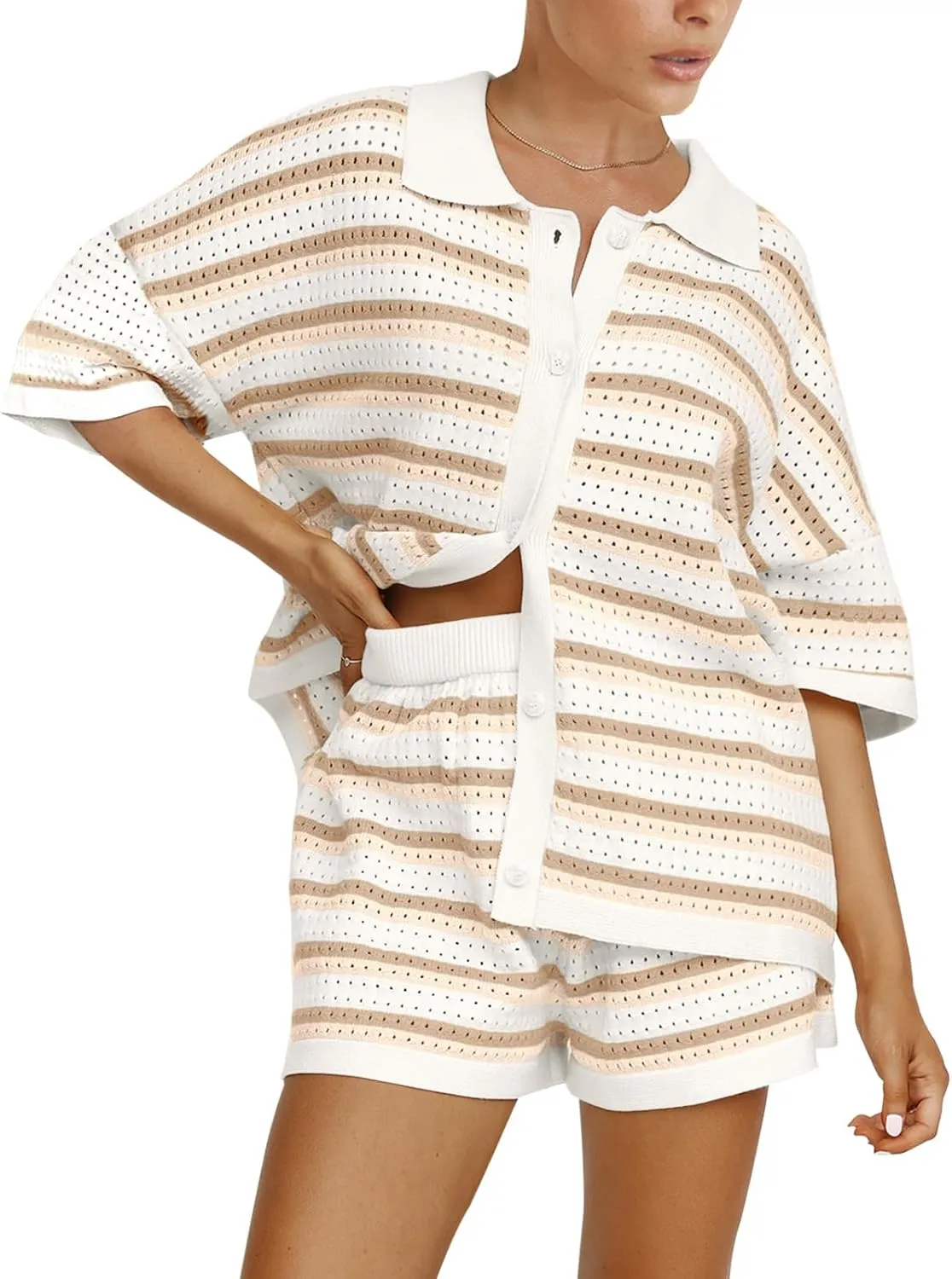 Tankaneo Womens Short Sleeve Striped Pajama Sets Color Block Crochet Knit Button Top and Shorts 2 Piece Lounge Sets