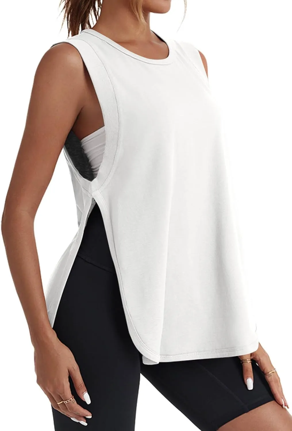 Tankaneo Womens Summer Workout Tank Tops Cotton Side Slit Sleeveless Shirts Oversized Casual Yoga Gym Tees