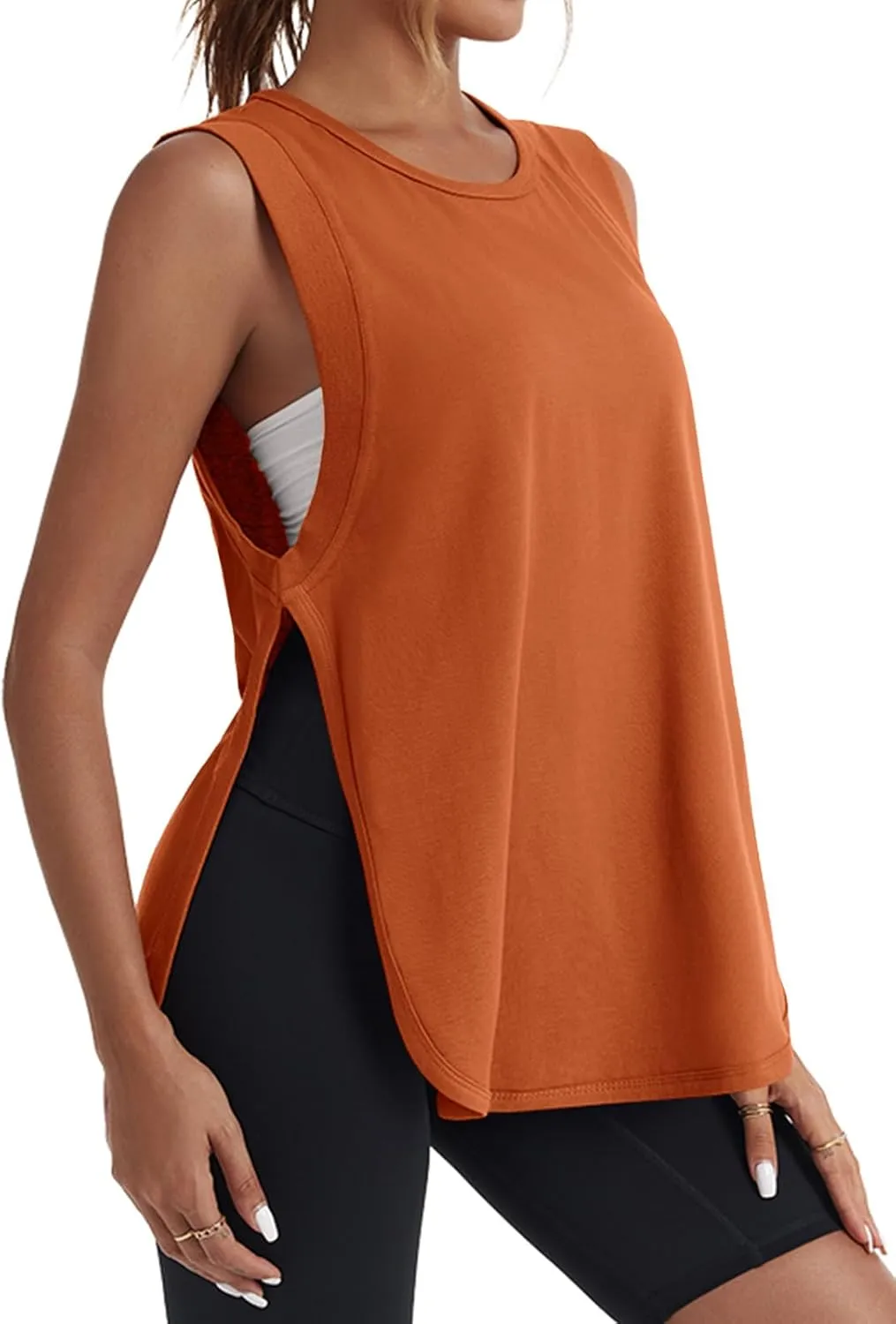 Tankaneo Womens Summer Workout Tank Tops Cotton Side Slit Sleeveless Shirts Oversized Casual Yoga Gym Tees