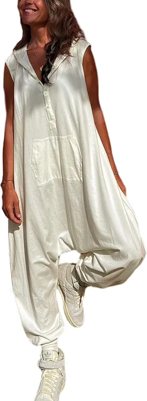 Tanming Hooded Jumpsuits for Women Casual Sleeveless Long Harem Pants Romper with Pockets