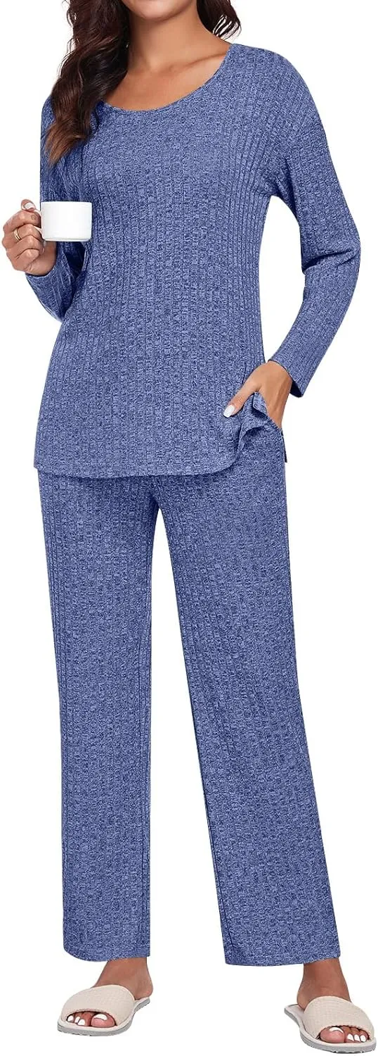 TAOHUADAO Womens Lounge Set Long Sleeve Pajama Sets 2 Piece Pj Outfits Casual Ribbed Knit Sleepwear with Pockets