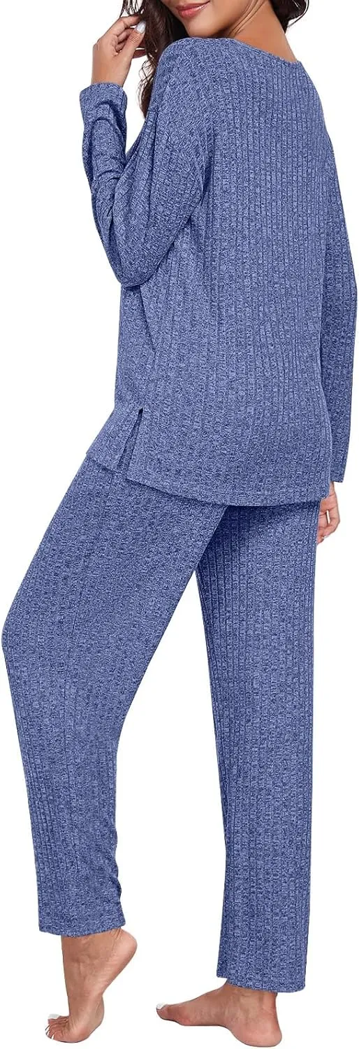 TAOHUADAO Womens Lounge Set Long Sleeve Pajama Sets 2 Piece Pj Outfits Casual Ribbed Knit Sleepwear with Pockets