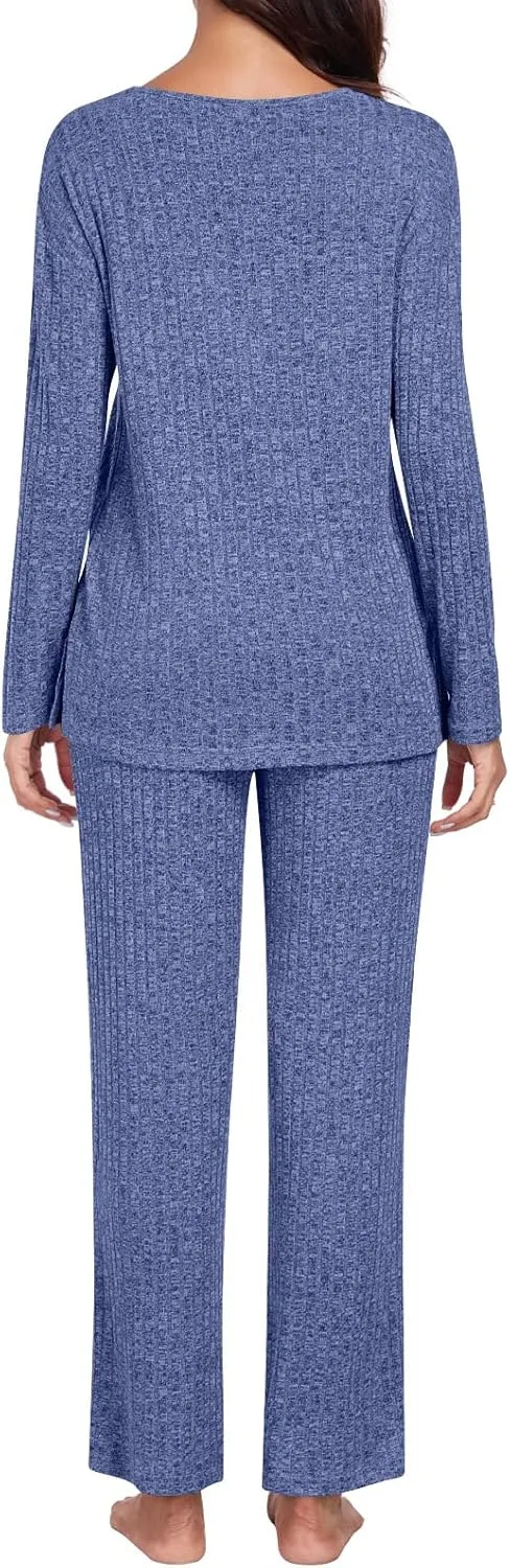 TAOHUADAO Womens Lounge Set Long Sleeve Pajama Sets 2 Piece Pj Outfits Casual Ribbed Knit Sleepwear with Pockets