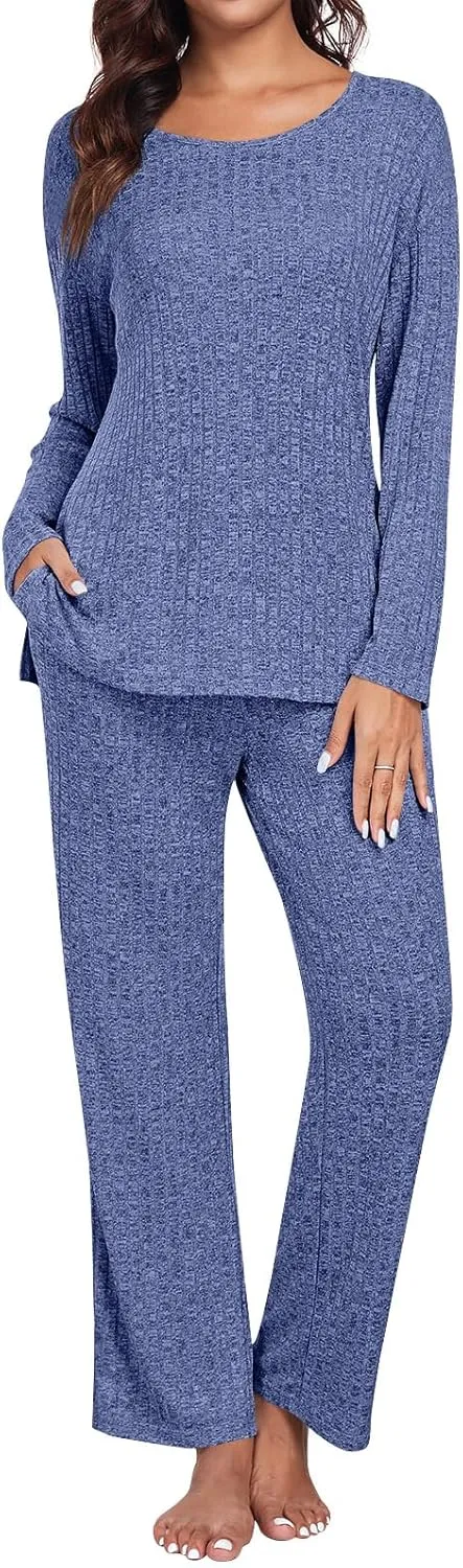 TAOHUADAO Womens Lounge Set Long Sleeve Pajama Sets 2 Piece Pj Outfits Casual Ribbed Knit Sleepwear with Pockets