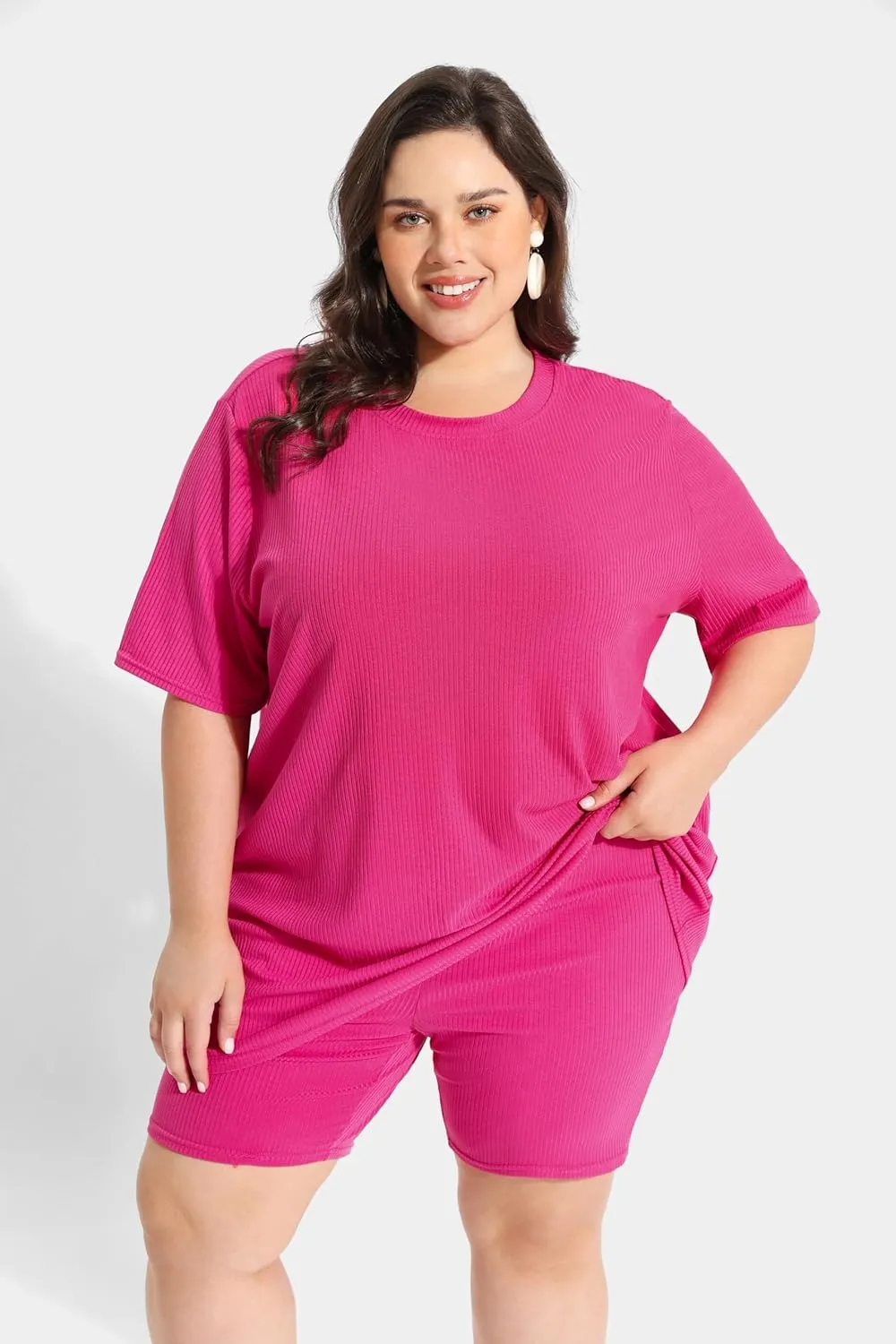 TIYOMI Plus Size 2 Piece Outfits Ribbed Knit Biker Tracksuits for Women Tops & Pants Jumpsuit Sweatsuit Pajama Sets