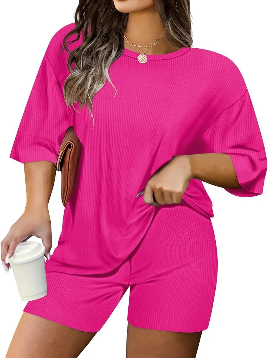 TIYOMI Plus Size 2 Piece Outfits Ribbed Knit Biker Tracksuits for Women Tops & Pants Jumpsuit Sweatsuit Pajama Sets
