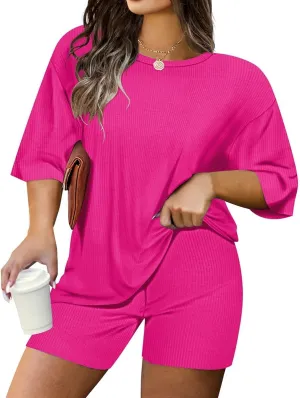 TIYOMI Plus Size 2 Piece Outfits Ribbed Knit Biker Tracksuits for Women Tops & Pants Jumpsuit Sweatsuit Pajama Sets