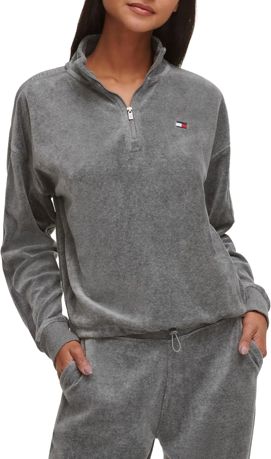 Tommy Hilfiger Women's Debossed Logo Taping Cropped Velour Half Zip Pullover