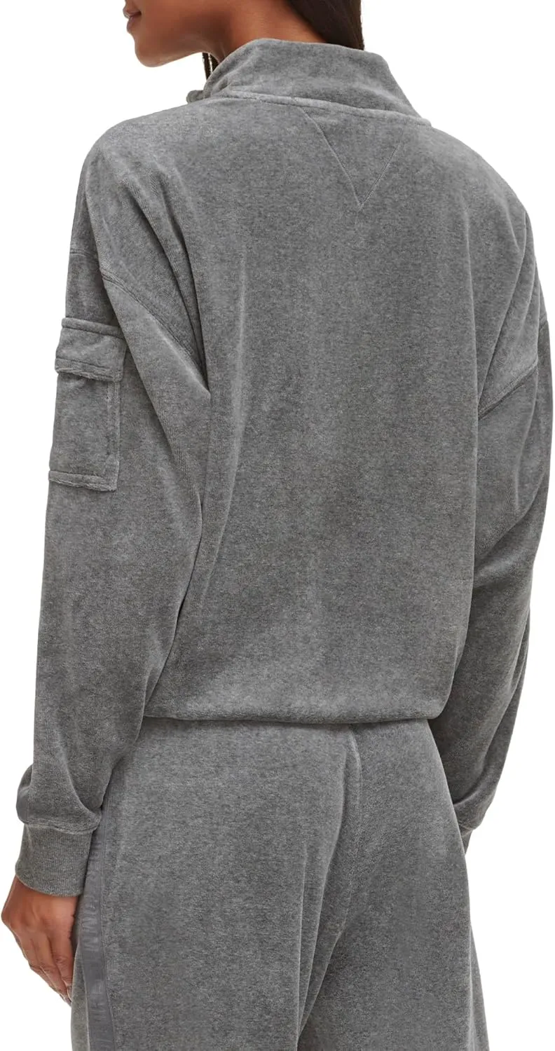 Tommy Hilfiger Women's Debossed Logo Taping Cropped Velour Half Zip Pullover