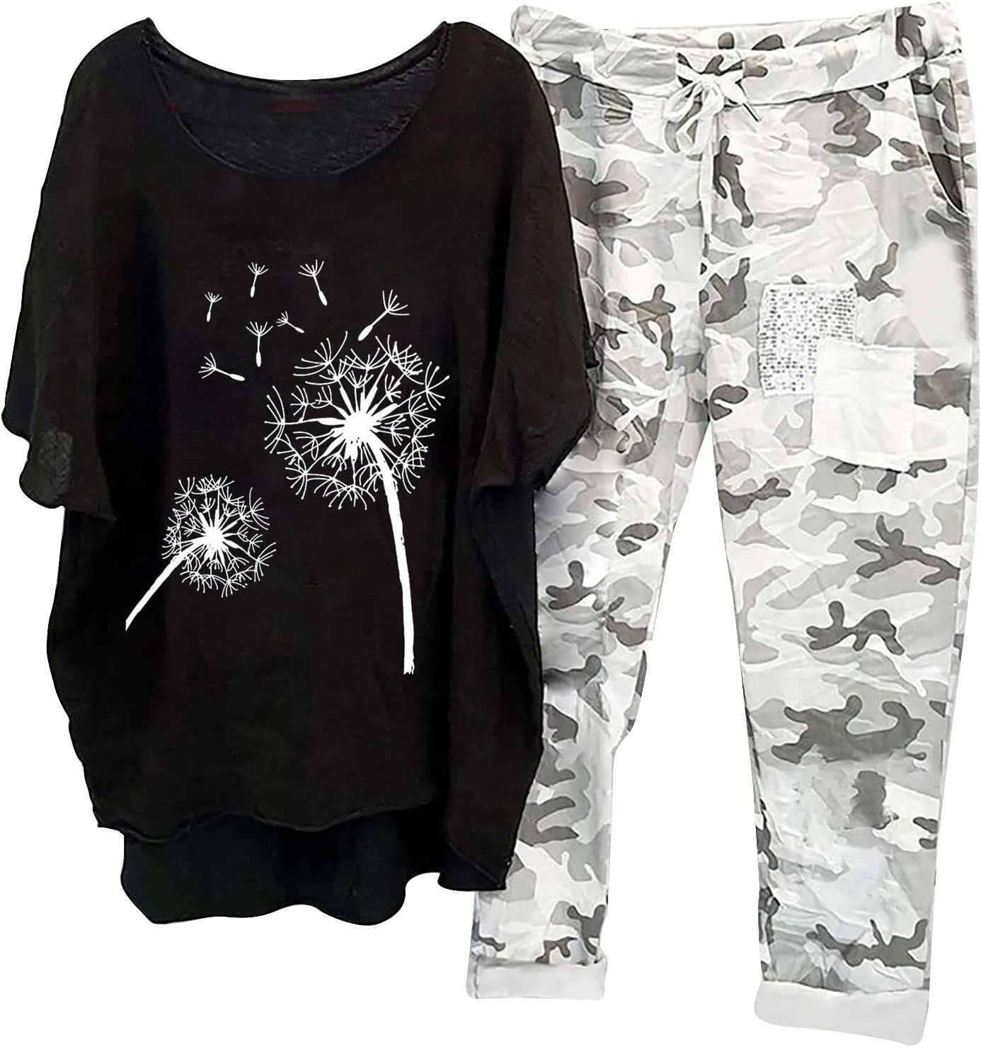 Two Piece Summer Outfits for Women Casual Cotton Linen Sets Oversized T Shirts Camo Capri Pants 2025 Resort Wear
