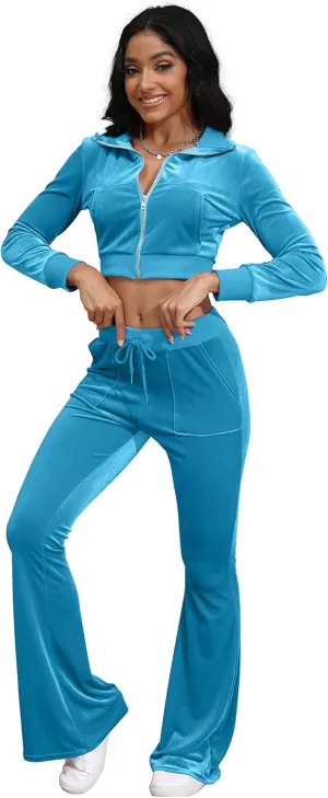 Velour Tracksuits Womens 2 Piece Outfits Zip Up Crop Top Velvet Track Suits Y2K Sweatshirt Flared Pants Matching Set