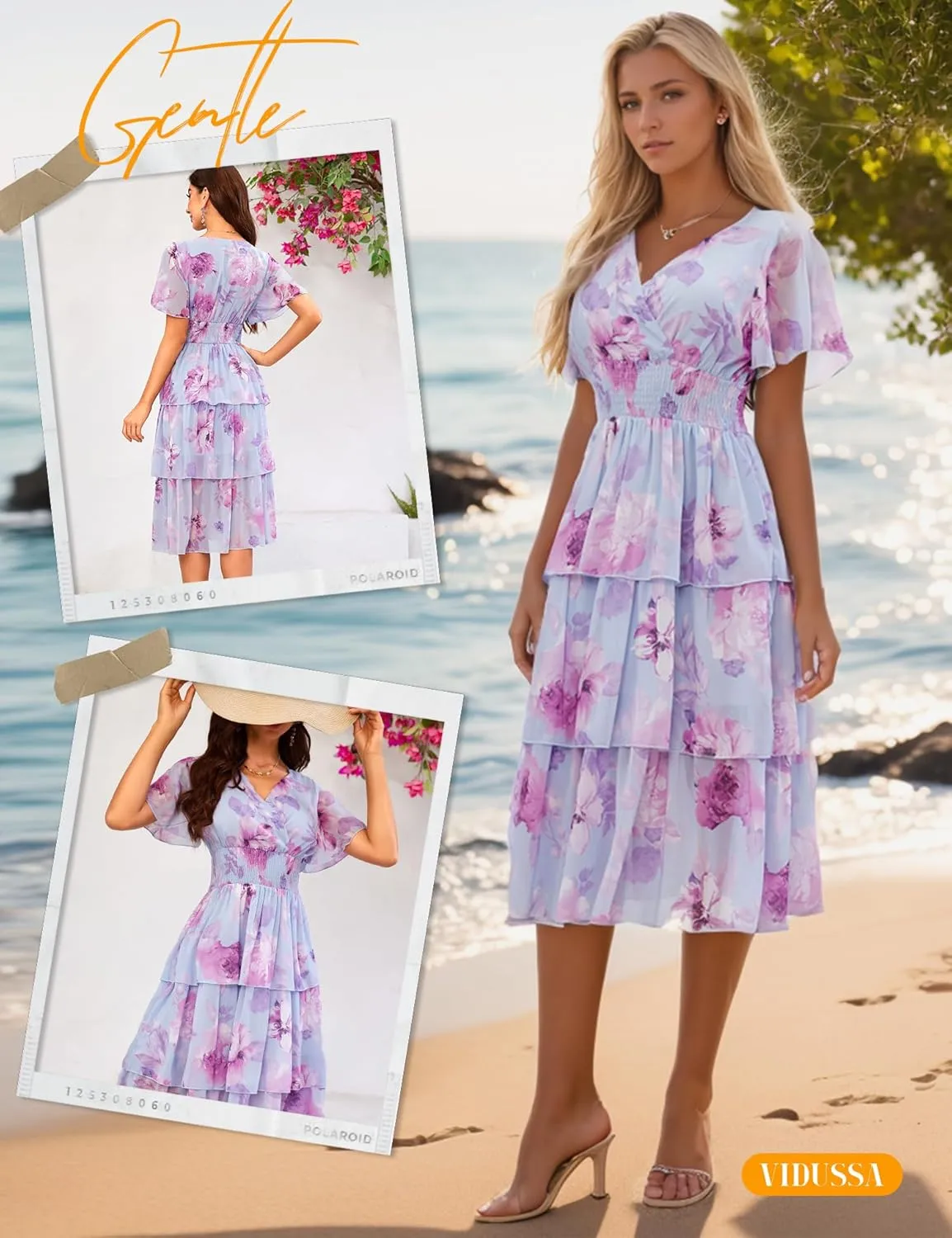 VIDUSSA Womens Floral V Neck Ruffle Tiered Layered Chiffon Flowy Swing Long Midi Dress Short Sleeve Smocked Dresses