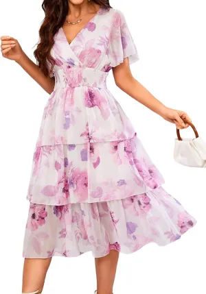VIDUSSA Womens Floral V Neck Ruffle Tiered Layered Chiffon Flowy Swing Long Midi Dress Short Sleeve Smocked Dresses