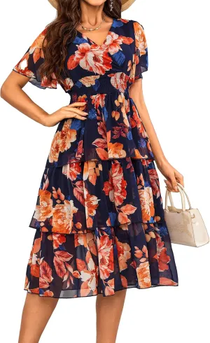 VIDUSSA Womens Floral V Neck Ruffle Tiered Layered Chiffon Flowy Swing Long Midi Dress Short Sleeve Smocked Dresses