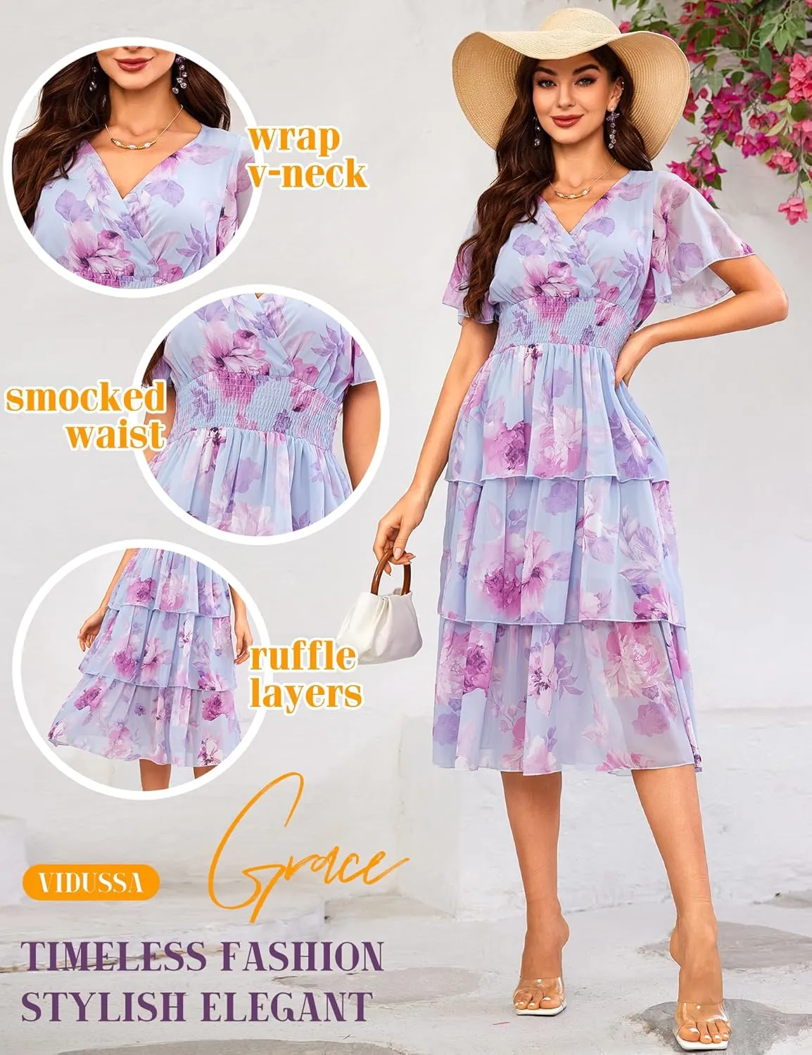VIDUSSA Womens Floral V Neck Ruffle Tiered Layered Chiffon Flowy Swing Long Midi Dress Short Sleeve Smocked Dresses