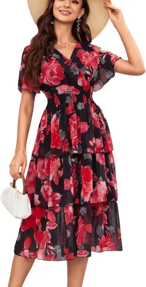 VIDUSSA Womens Floral V Neck Ruffle Tiered Layered Chiffon Flowy Swing Long Midi Dress Short Sleeve Smocked Dresses