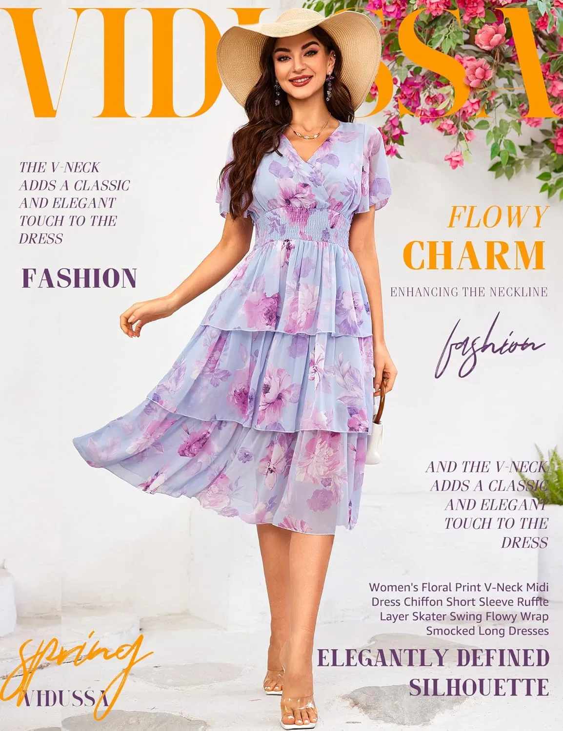 VIDUSSA Womens Floral V Neck Ruffle Tiered Layered Chiffon Flowy Swing Long Midi Dress Short Sleeve Smocked Dresses