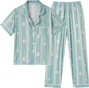 Vopmocld Girls 2PCS Pajama Sets Button Down Short Sleeve Long Pants Sleepwear Cute Patterns Lounge Outfit Sest for Teens