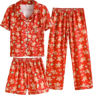 Vopmocld Girls Pajama Sets - 3pcs Button Down Short Sleeve Long Pants With Shorts Sleepwear Cute Patterns Nighty For Teens