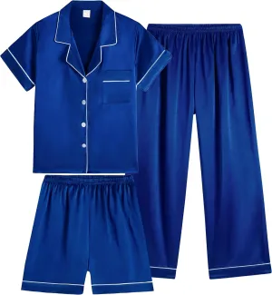 Vopmocld Satin Pajama Sets Unisex Boys and Girls Silk Button Down Short Sleeve & Shorts & Pants Sleepwear 3PCS Loungewear PJS