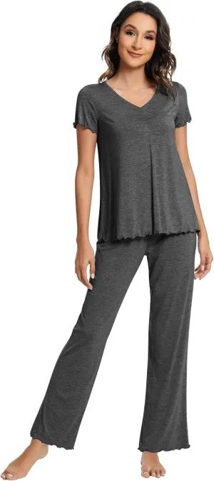 WiWi Viscose from Bamboo Pajama Sets for Women Soft Pjs Loungewear Short Sleeve Top with Pants Sleepwear Pajamas S-XXL