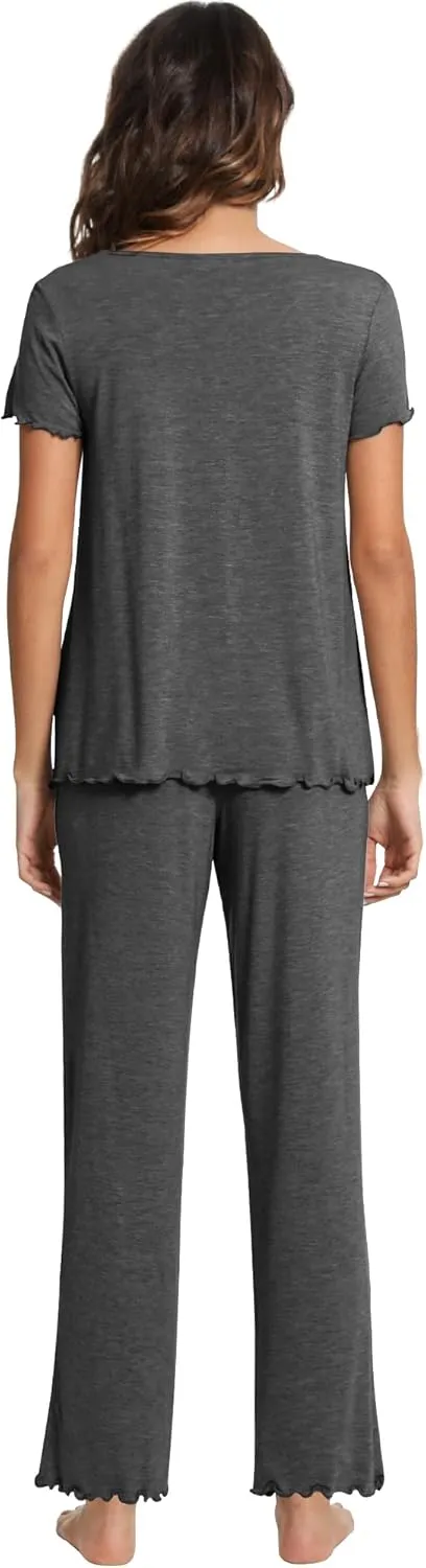 WiWi Viscose from Bamboo Pajama Sets for Women Soft Pjs Loungewear Short Sleeve Top with Pants Sleepwear Pajamas S-XXL