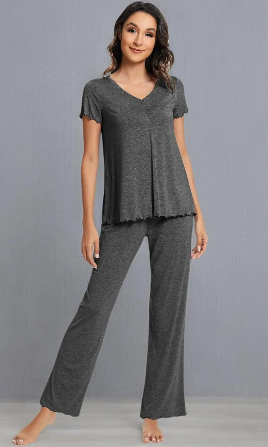WiWi Viscose from Bamboo Pajama Sets for Women Soft Pjs Loungewear Short Sleeve Top with Pants Sleepwear Pajamas S-XXL
