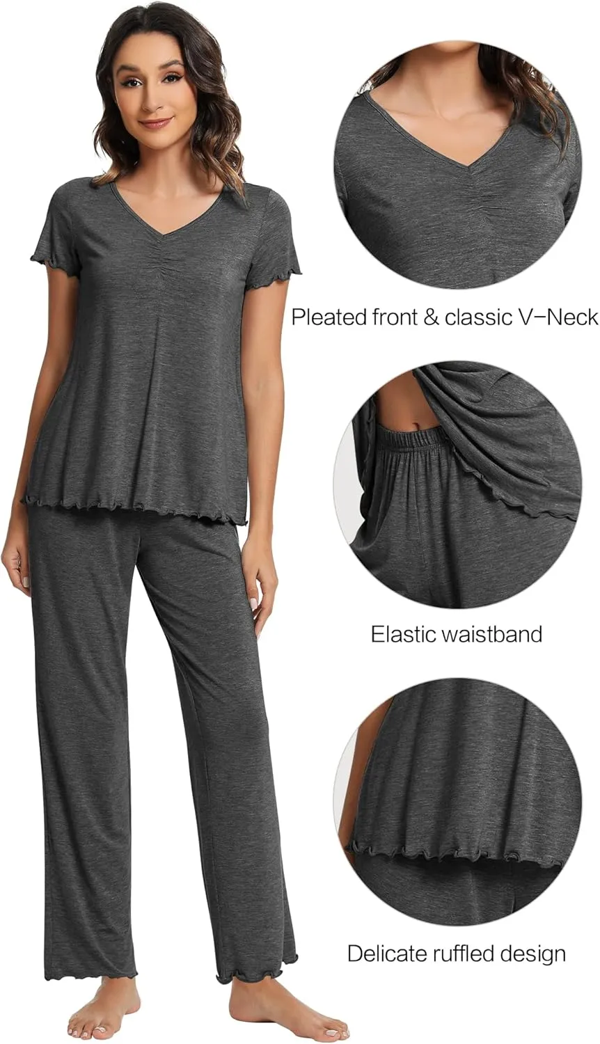 WiWi Viscose from Bamboo Pajama Sets for Women Soft Pjs Loungewear Short Sleeve Top with Pants Sleepwear Pajamas S-XXL