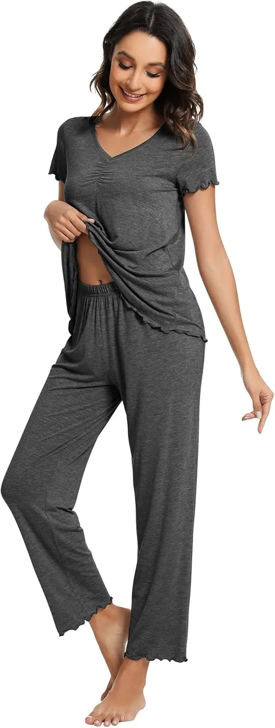 WiWi Viscose from Bamboo Pajama Sets for Women Soft Pjs Loungewear Short Sleeve Top with Pants Sleepwear Pajamas S-XXL